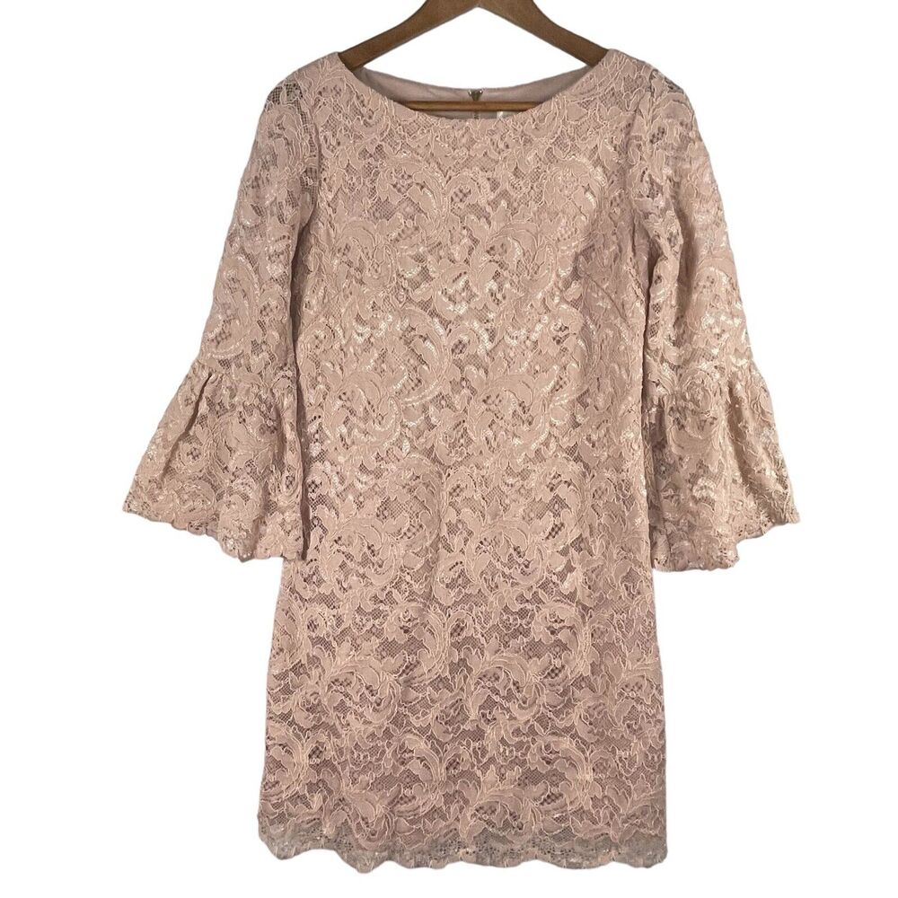 Eliza J Pink Lace Bell Trumpet Sleeve Sheath Dress SIZE 6 Womens Balletcore Knee